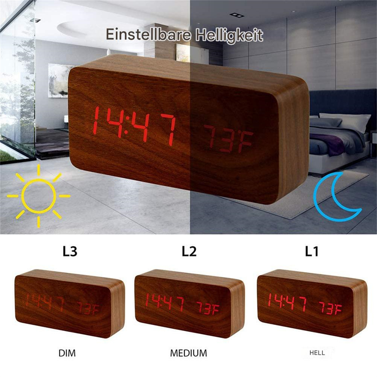 Eine digitale Holzuhr mit Zeit- und Temperaturanzeige, mit Helligkeitseinstellungen.