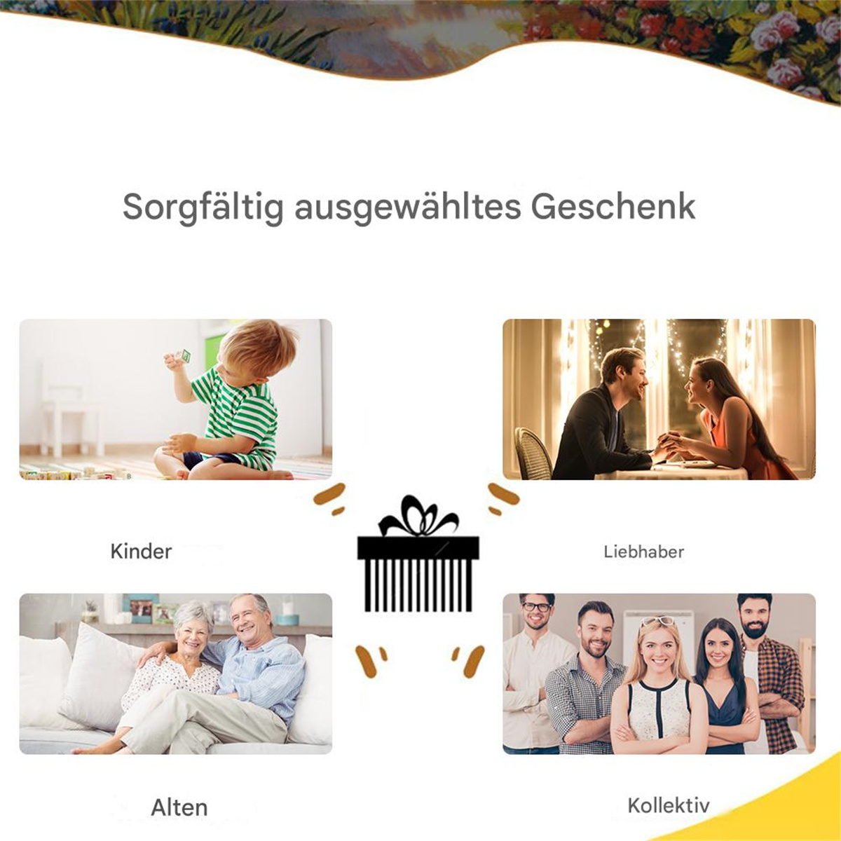 Vier Bilder, die Geschenke zeigen: ein Kind mit Karte, ein Paar, ein älteres Paar und eine Gruppe von Freunden.
