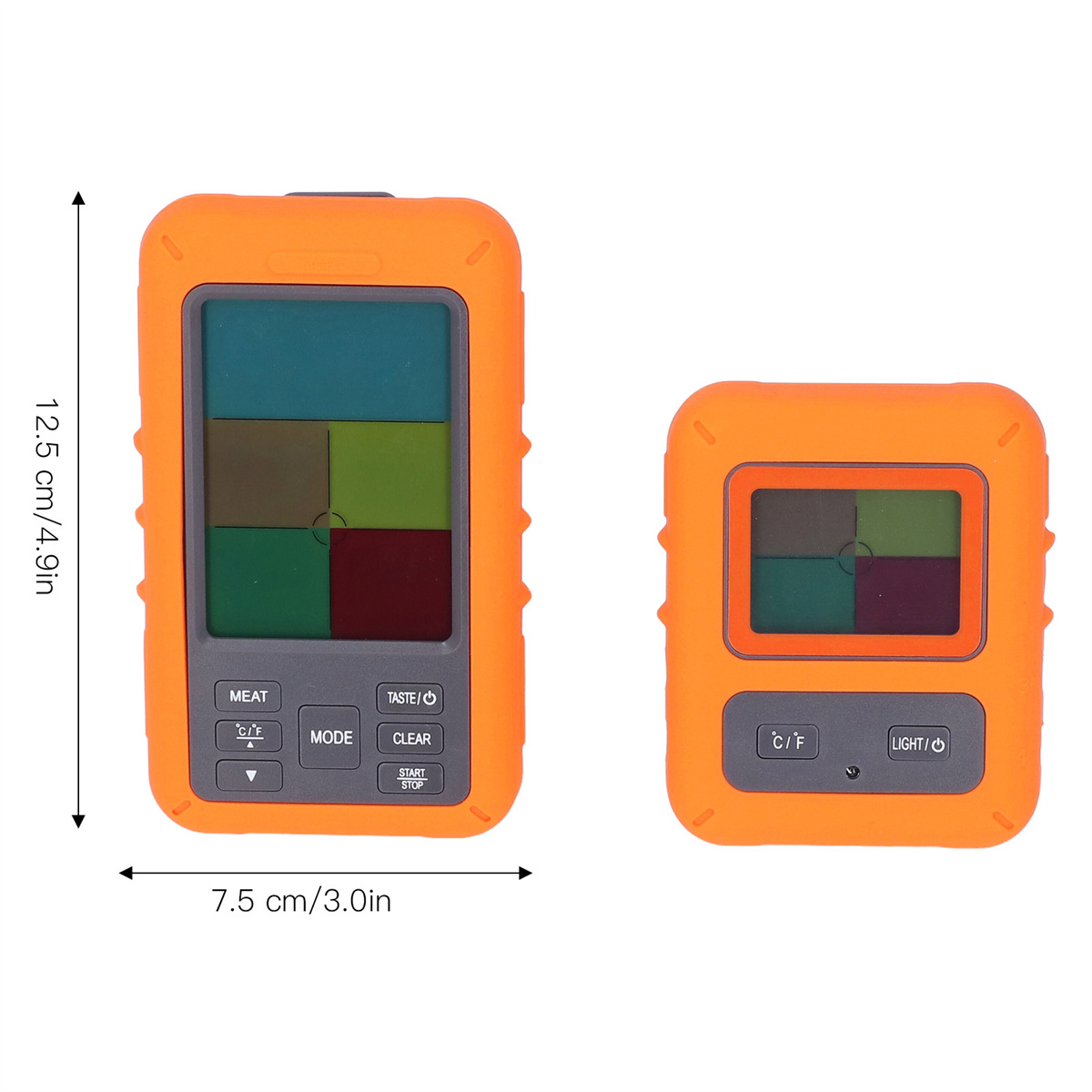 Zwei orangefarbene Thermometer. Eines größer mit Knöpfen und Farbbildschirm, eines kleiner.