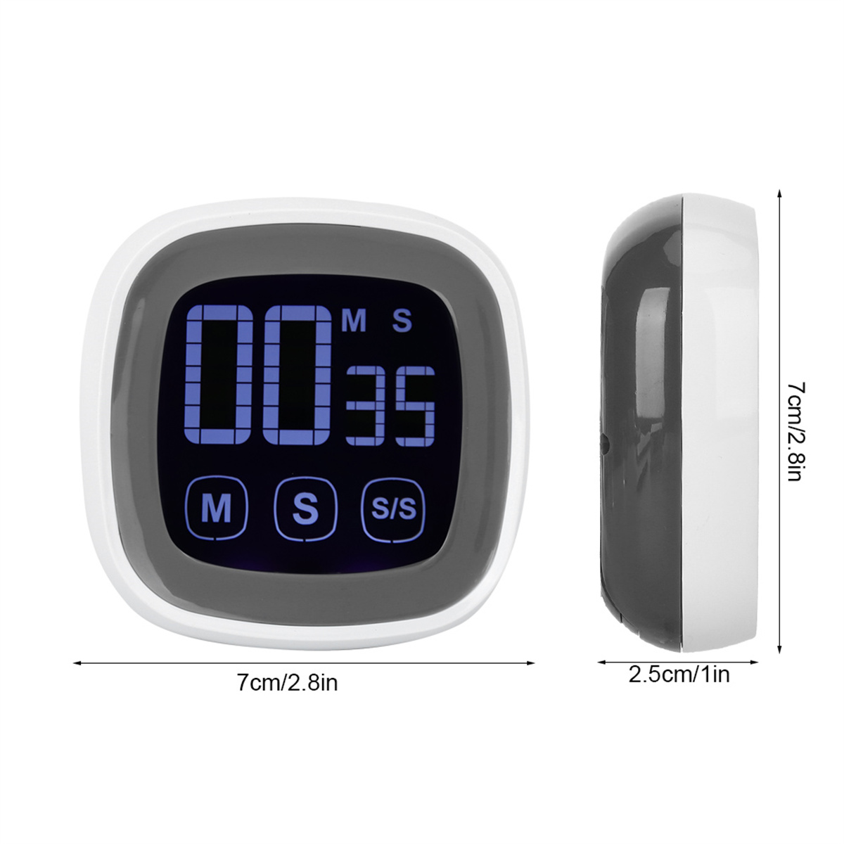 Digitaler Küchentimer mit Zeitanzeige und Seitenansicht.