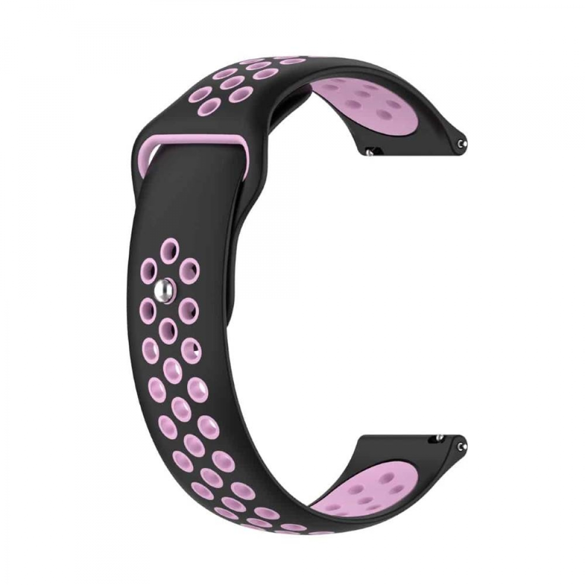 Schwarzes und pinkfarbenes Uhrenarmband. Perforiertes Design, pinkfarbene Innenschicht sichtbar.