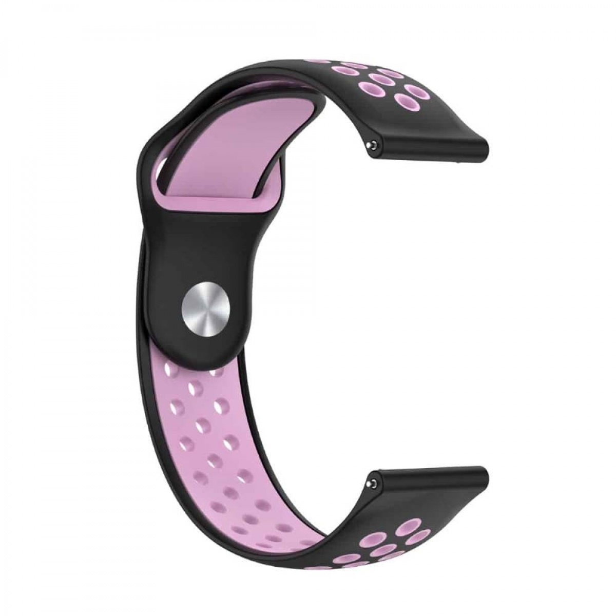 Ein schwarzes und rosa Uhrenarmband mit Löchern und einem silbernen Knopf, isoliert auf Weiß.