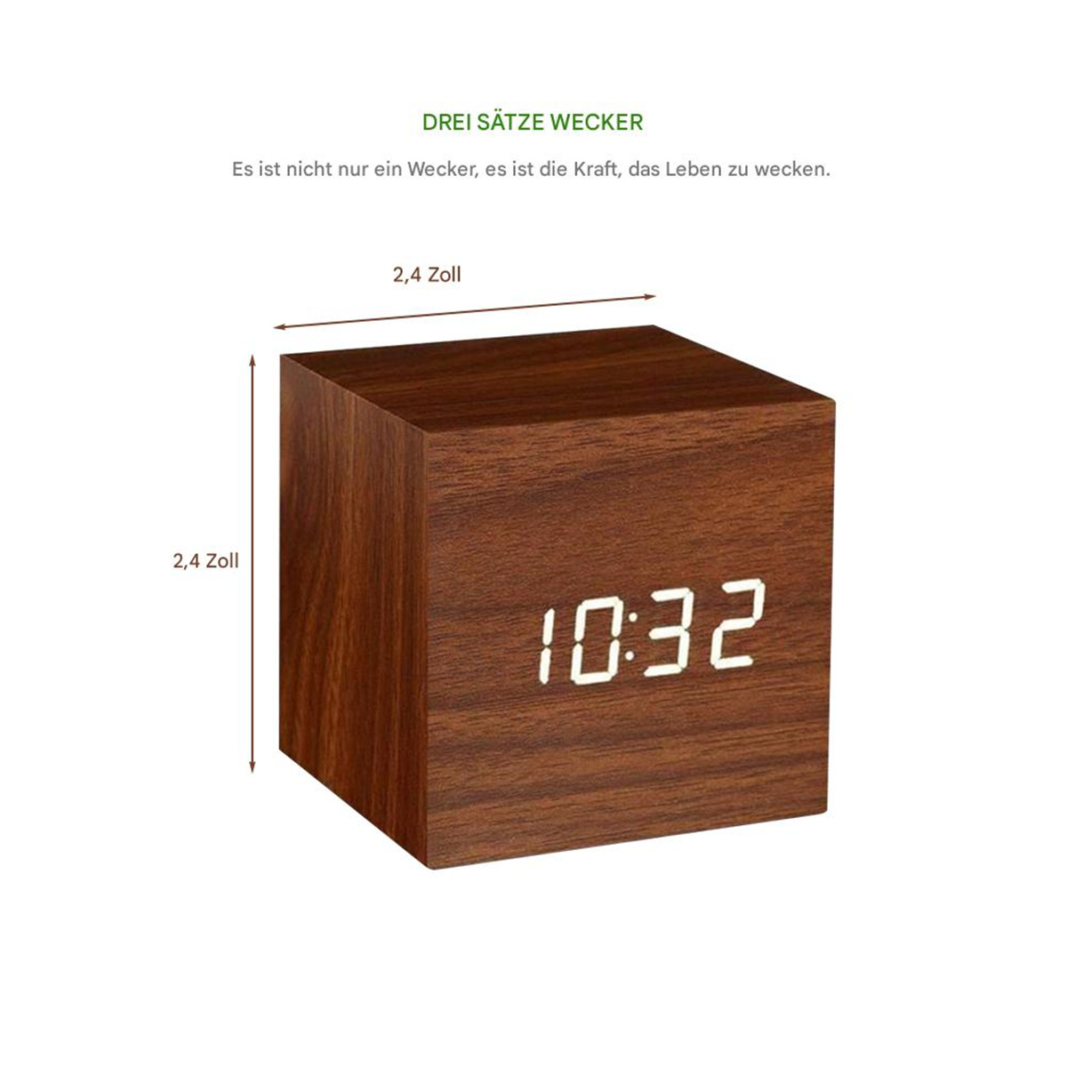 Ein Holzwürfel-Wecker, der 10:32 anzeigt. Abmessungen sind 2,4 Zoll.