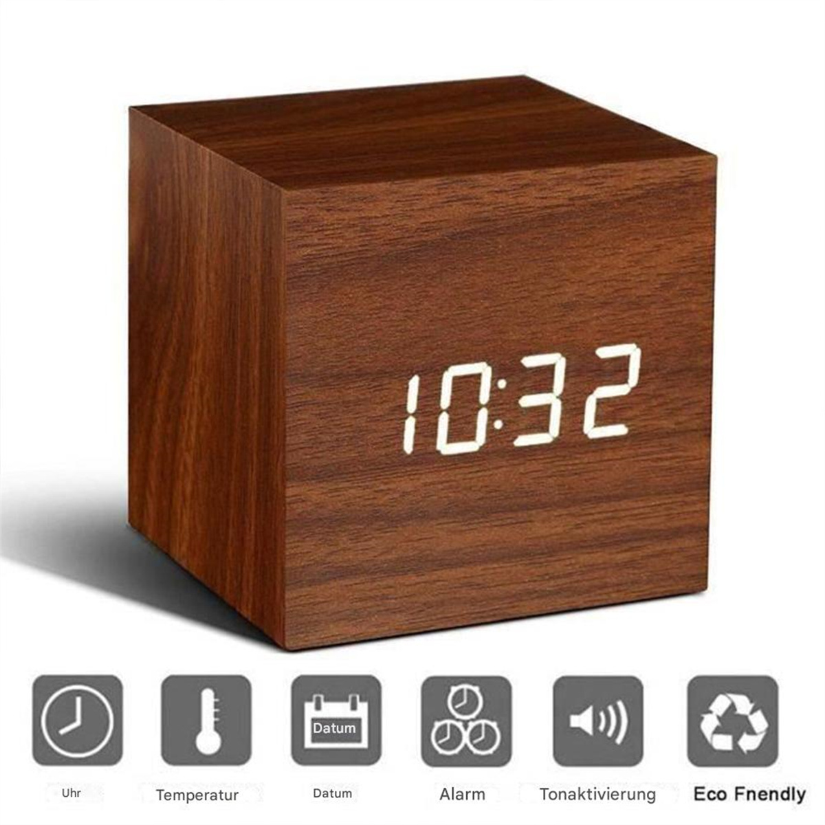 Eine Holzwürfeluhr, die 10:32 anzeigt, mit Symbolen für Zeit, Temperatur, Alarm und Recycling.