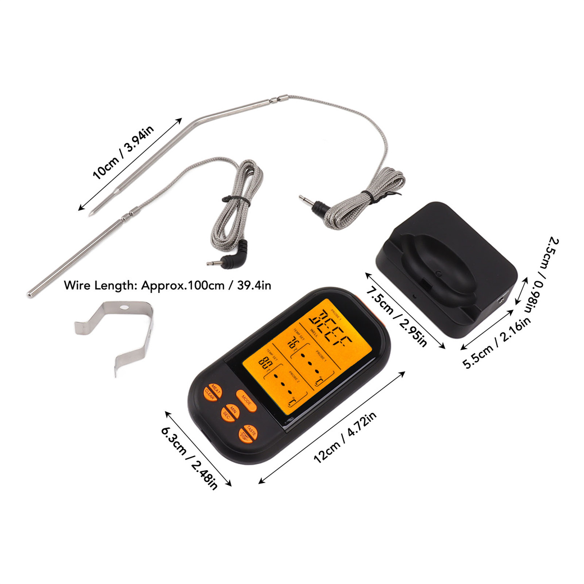 Ein schwarzes und orangefarbenes digitales Thermometer und seine Komponenten auf weißem Grund.