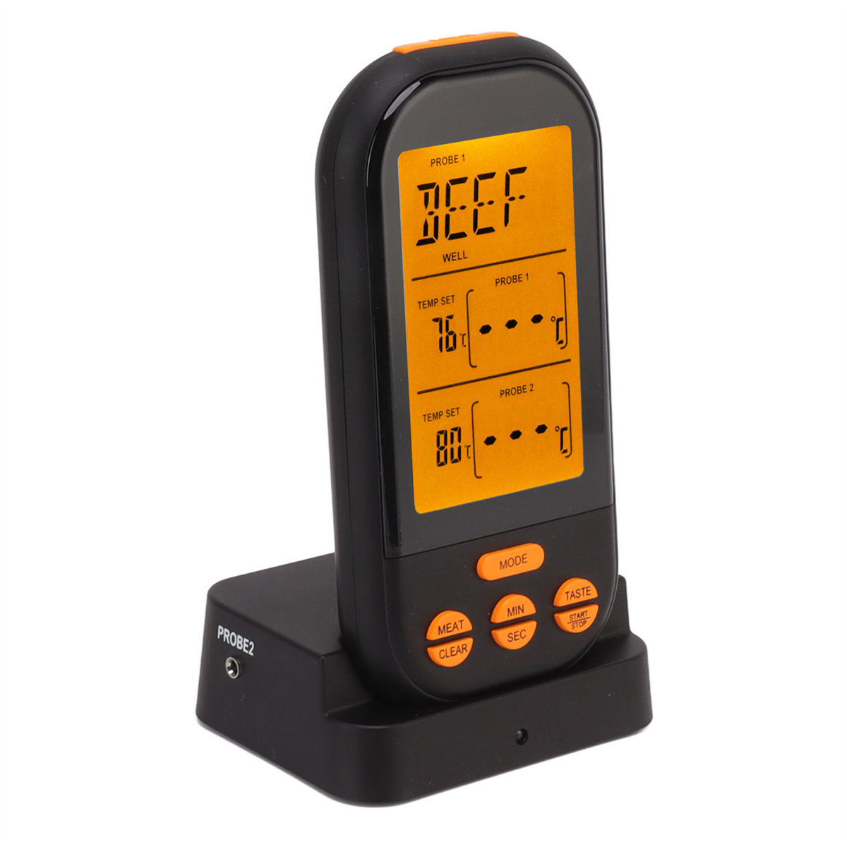 Schwarzes drahtloses Fleischthermometer mit orangefarbener Anzeige; zeigt 'BEEF' und Temperatur.