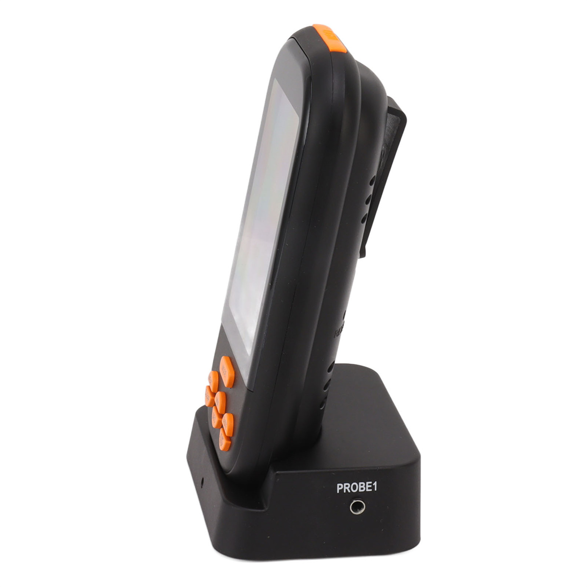 Ein schwarzes Thermometergerät in einer Ladestation. Es hat eine orangefarbene Schnittstelle.