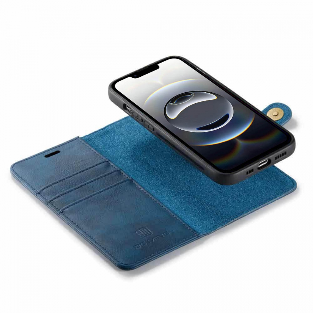 Eine Handyhülle mit einem Telefon darin und blauem Innen- und Außenbereich.