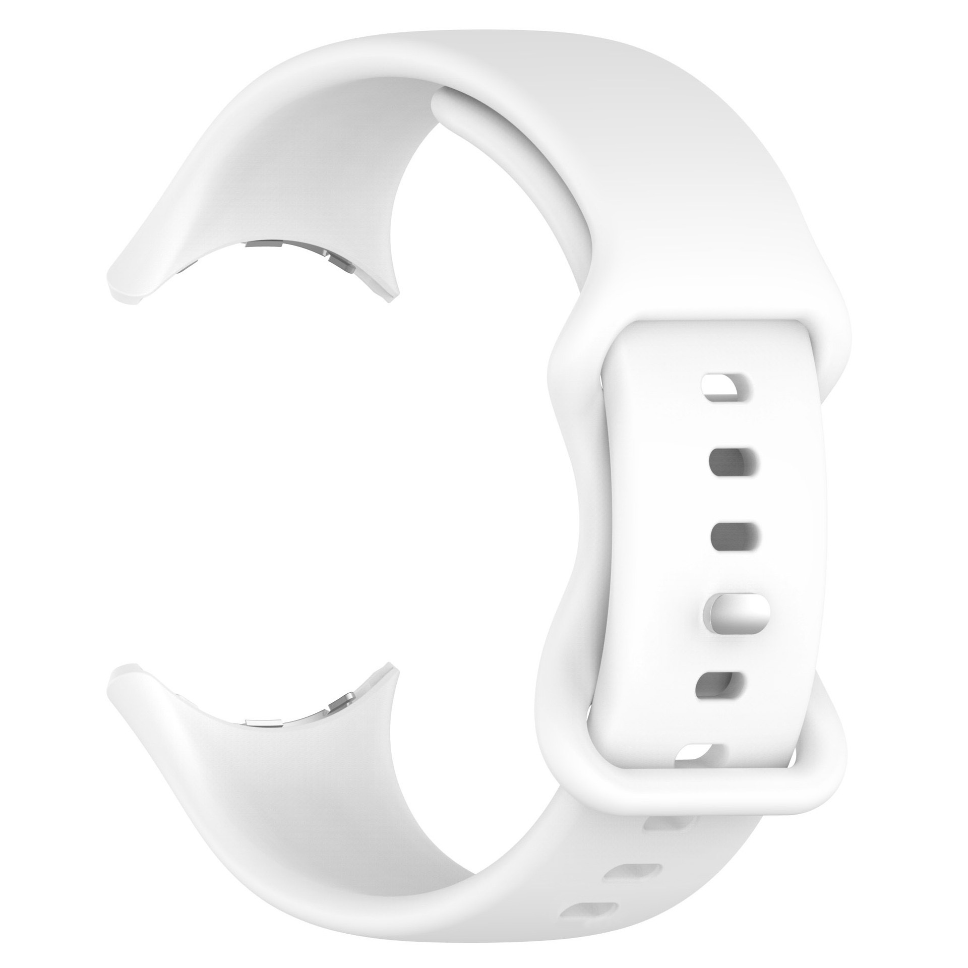 Ein weißes Uhrenarmband. Hat ein geschwungenes Design mit Schnalle und Verstelllöchern.