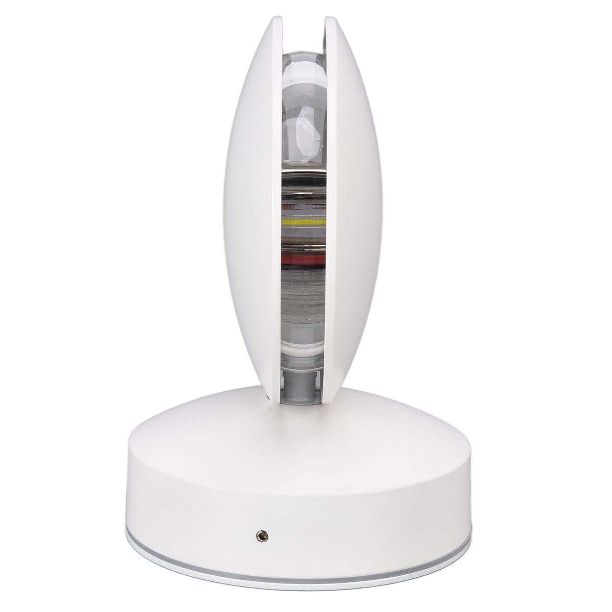 Weiße Lampe mit rundem Sockel und klarer Abdeckung, mit Licht im Inneren.