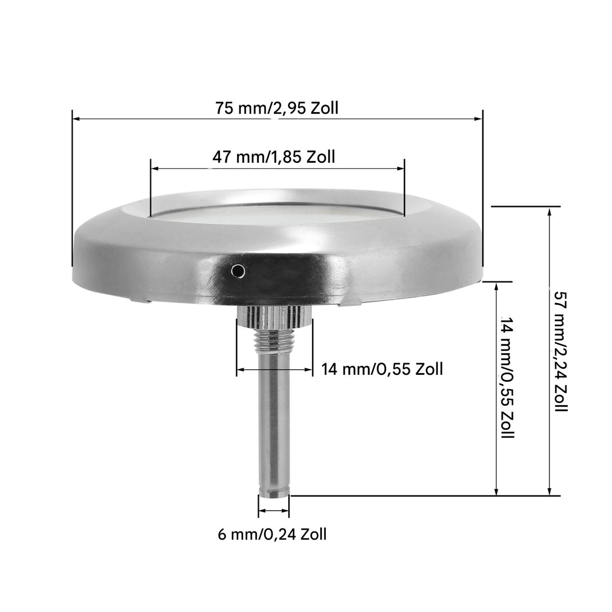 Metallthermometer mit Messungen und Abmessungen in Millimetern und Zoll.