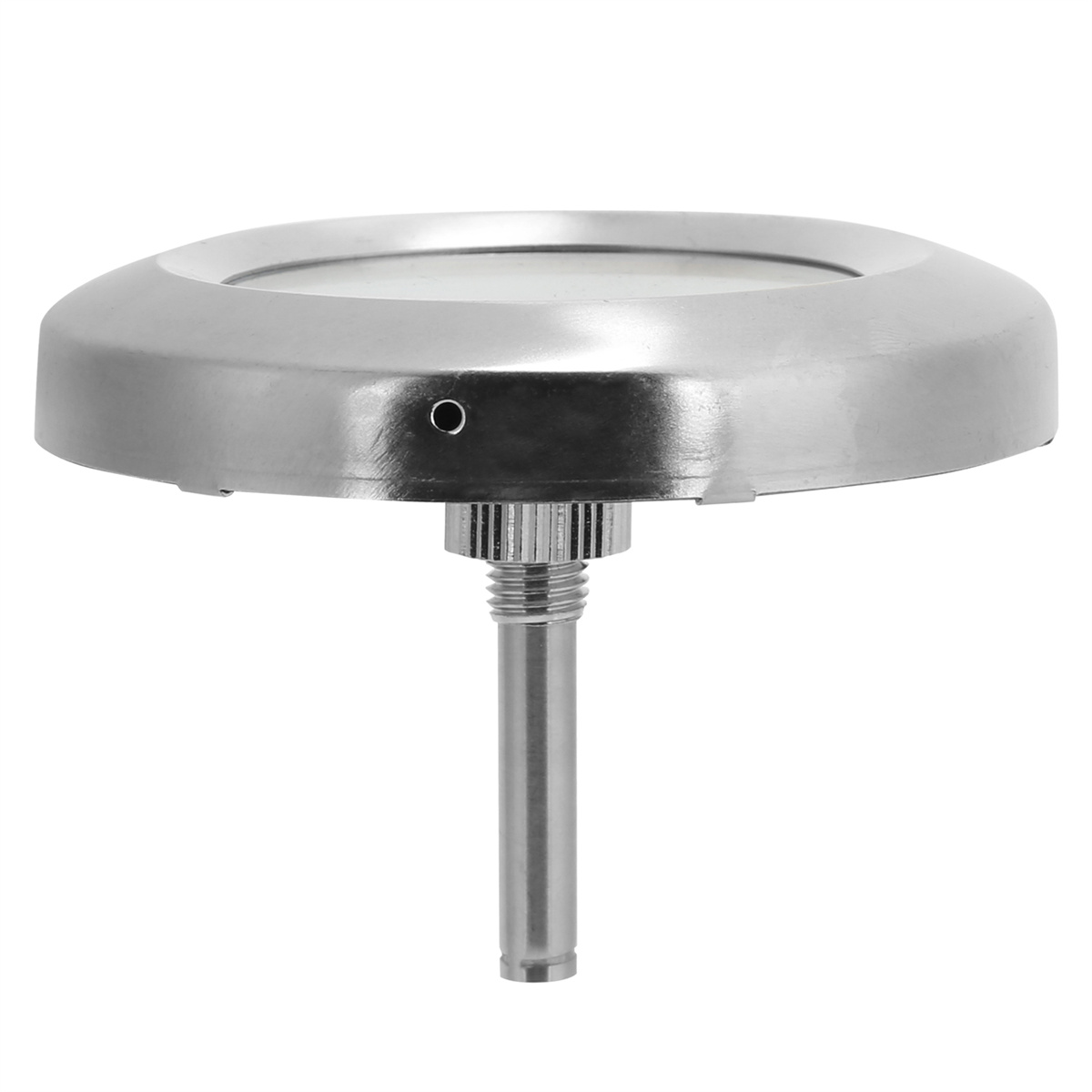 Ein Metallthermometer mit kreisförmigem Zifferblatt und Stiel. Der Stiel ist mit Gewinde versehen.