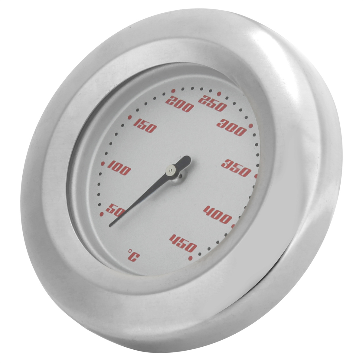 Runder silberner Thermometer mit schwarzer Nadel, die die Temperatur in Grad Celsius anzeigt.
