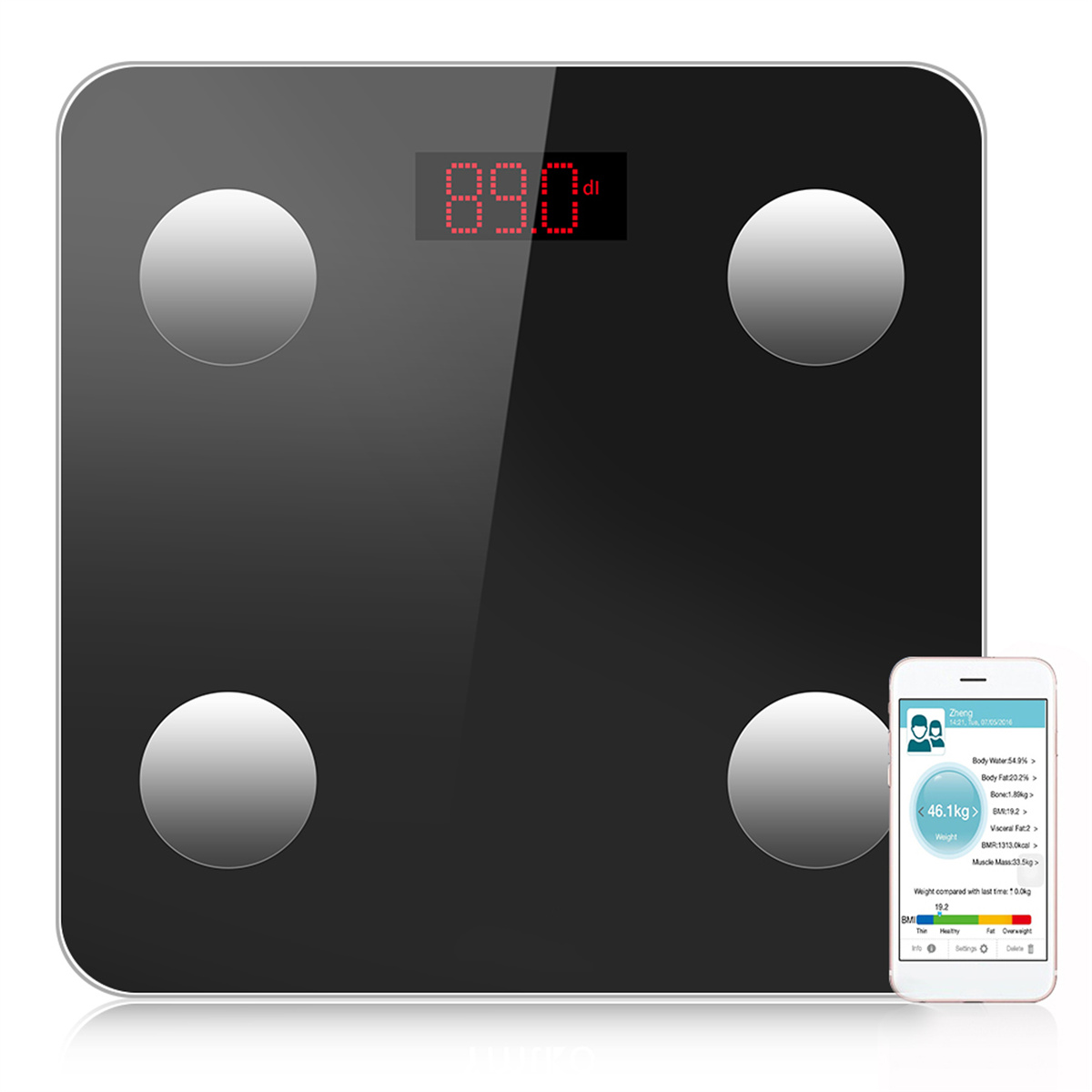Schwarze Digitalwaage mit roter Anzeige und Smartphone mit Gewichtsinfo.