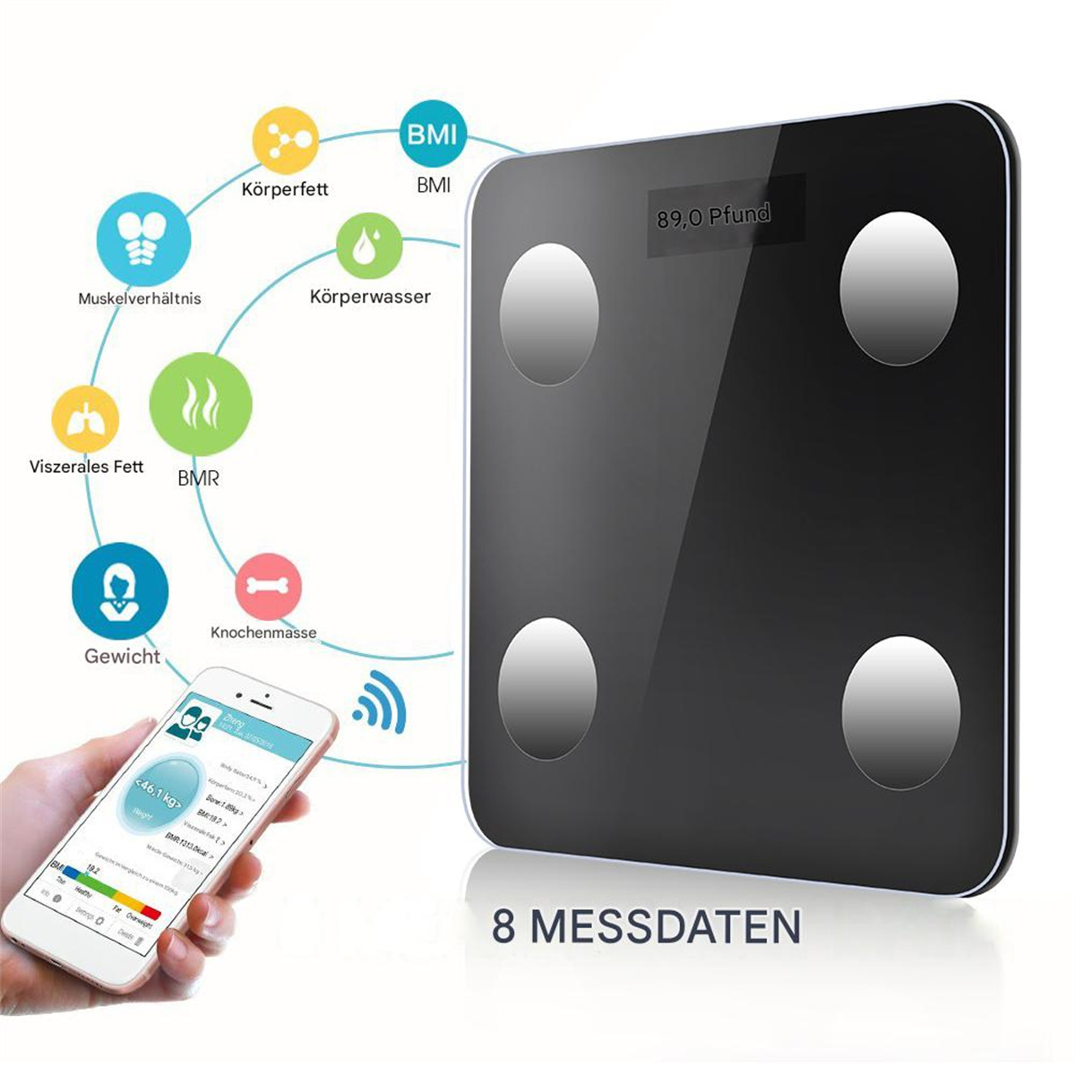 Schwarze Waage mit Telefon, das Daten anzeigt, mit Diagrammen darum.