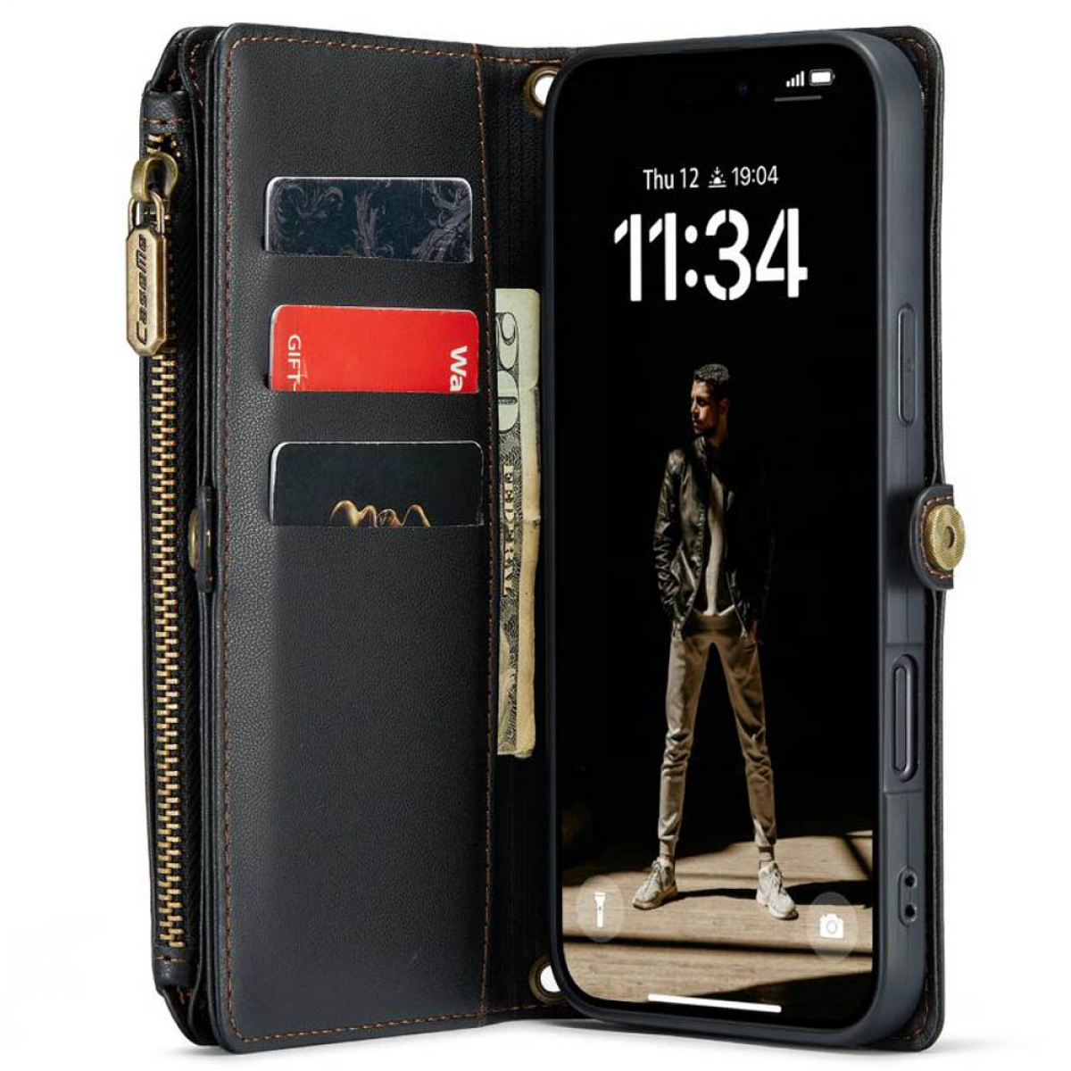 Eine schwarze Leder-Handy-Geldbörsenhülle. Ein Telefon mit Bild eines Mannes ist darin.