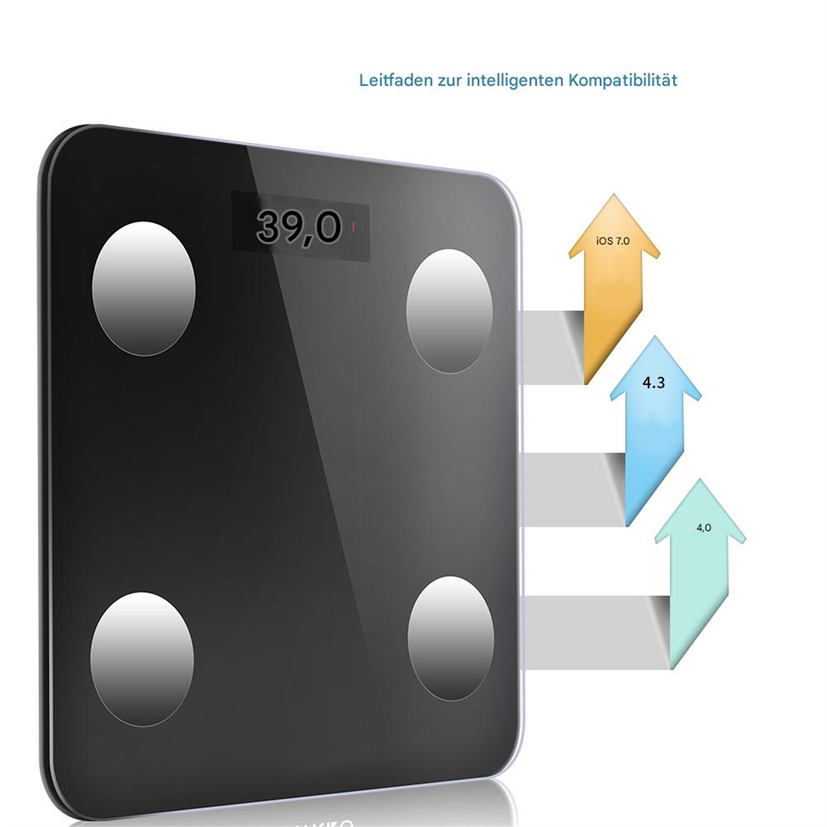 Schwarze Digitalwaage mit weißen Kreisen und Pfeilen, die auf iOS-Versionen zeigen.