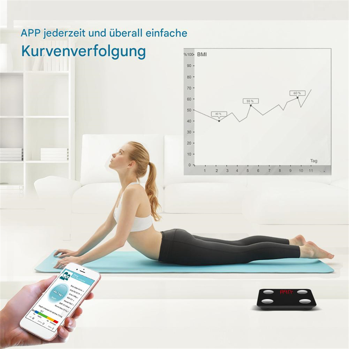 Frau in Yoga-Pose, blickt auf eine Grafik mit BMI. Telefon und Waage sind ebenfalls zu sehen.