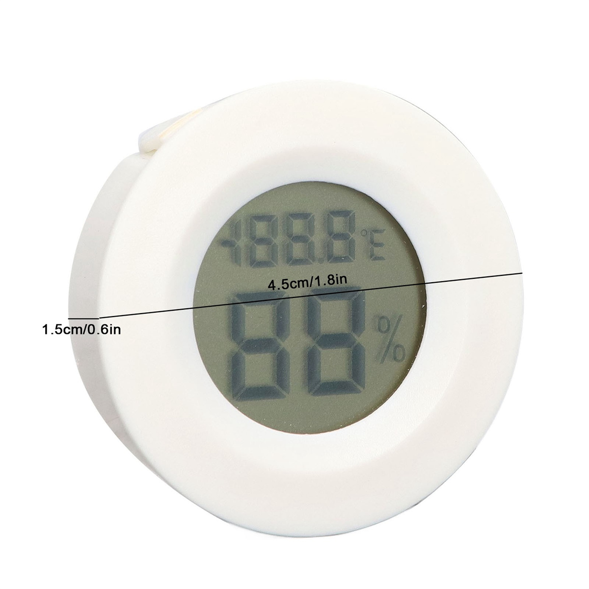 Ein weißes rundes Thermometer mit 88% und einer Temperaturanzeige von 188,8.