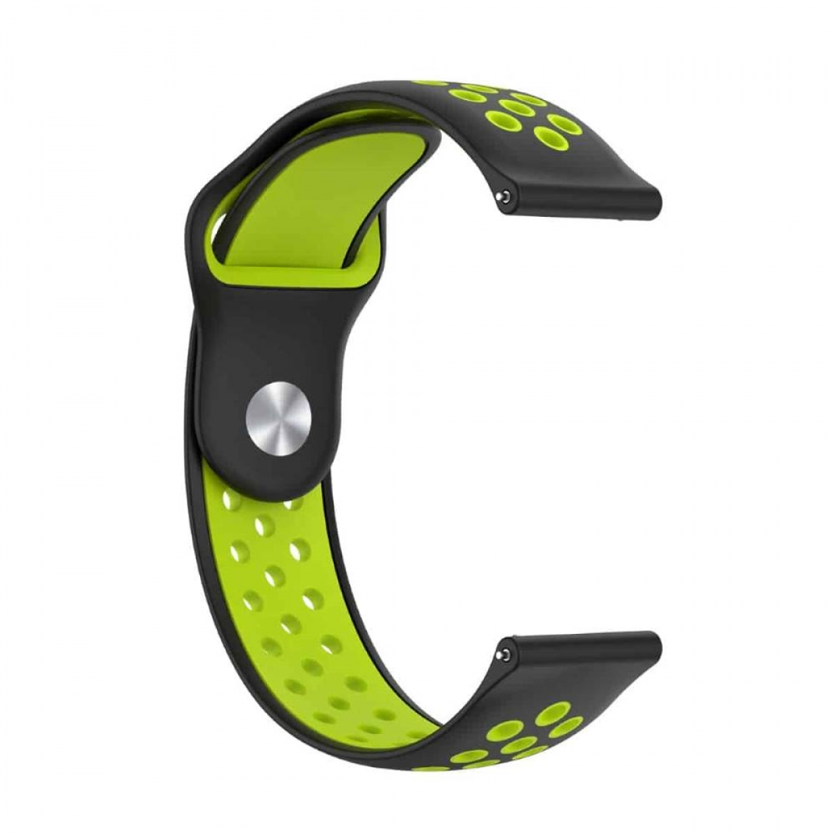 Uhrenarmband: Schwarz und Grün mit Perforationen. Verbunden mit Metallclip.