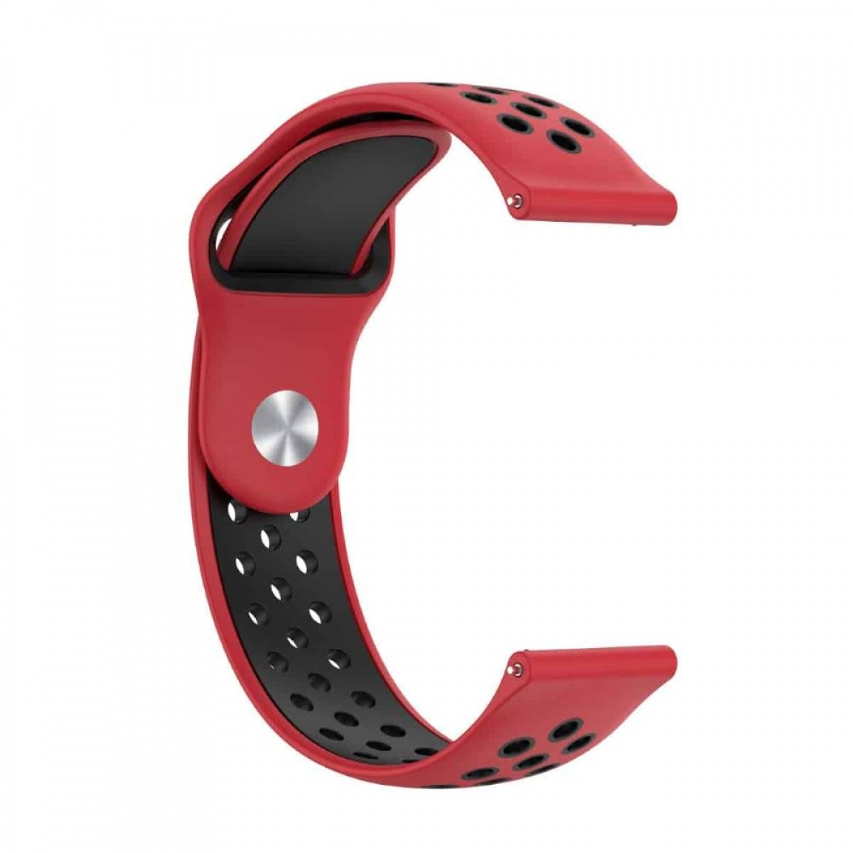 Rotes und schwarzes Armband mit Löchern. Das Band ist gebogen und hat einen Metallknopf.