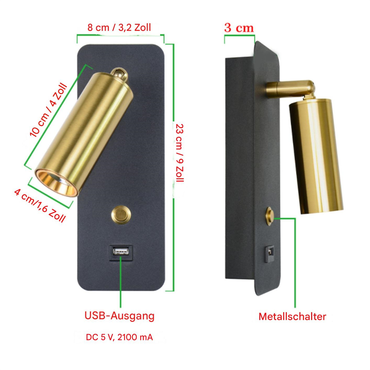 Wandleuchte mit schwarzem Sockel und goldenem, verstellbarem Leuchtenkopf. Abmessungen gezeigt.