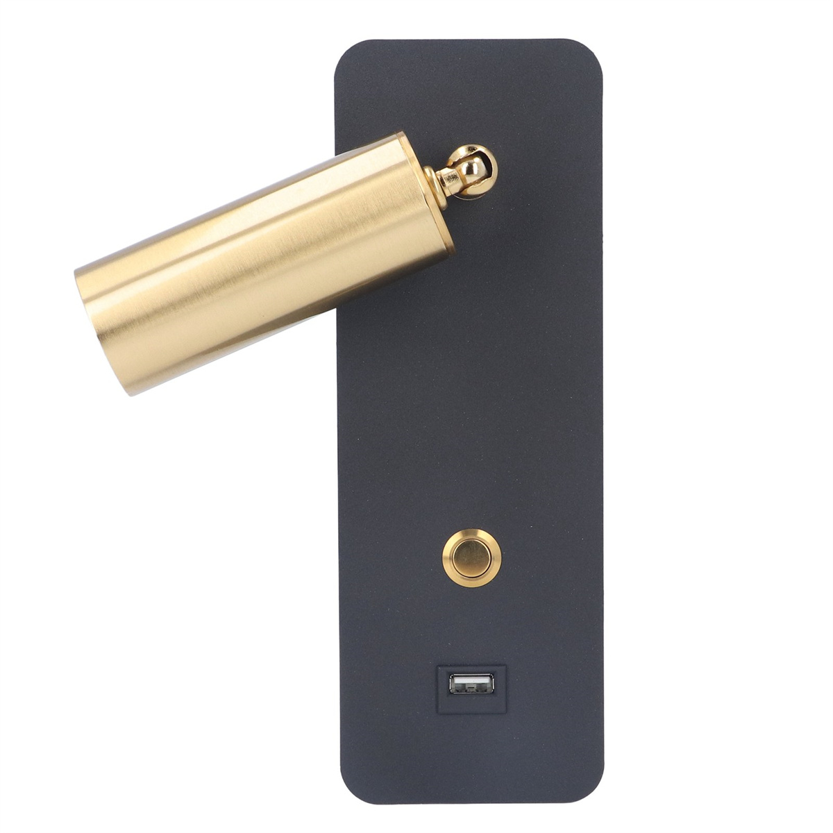Schwarze Wandleuchte mit goldfarbenem, verstellbarem Kopf, USB-Anschluss und Ein/Aus-Taste.