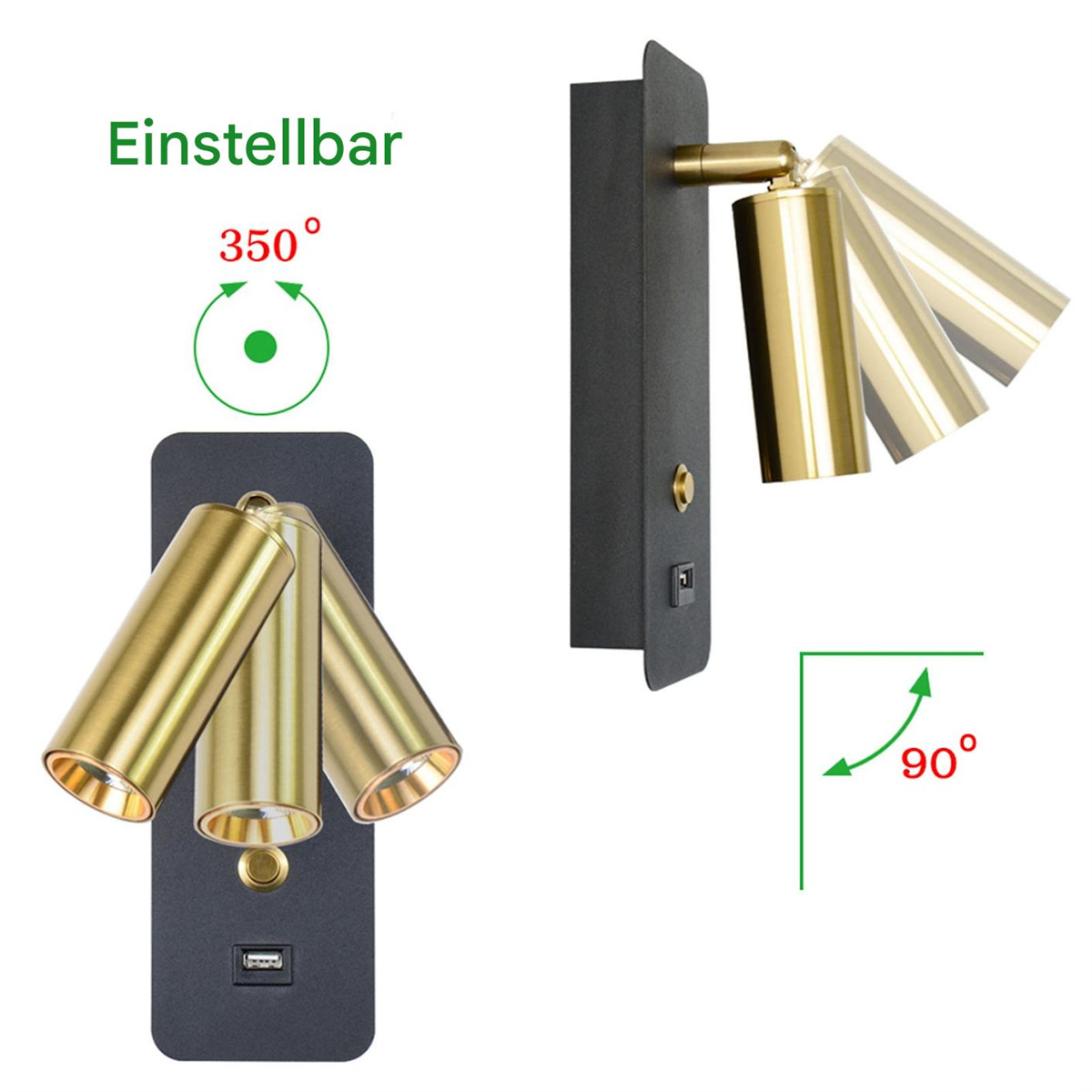 Eine Wandleuchte mit verstellbaren goldenen Köpfen. Grüne Pfeile zeigen den Bewegungsbereich an.