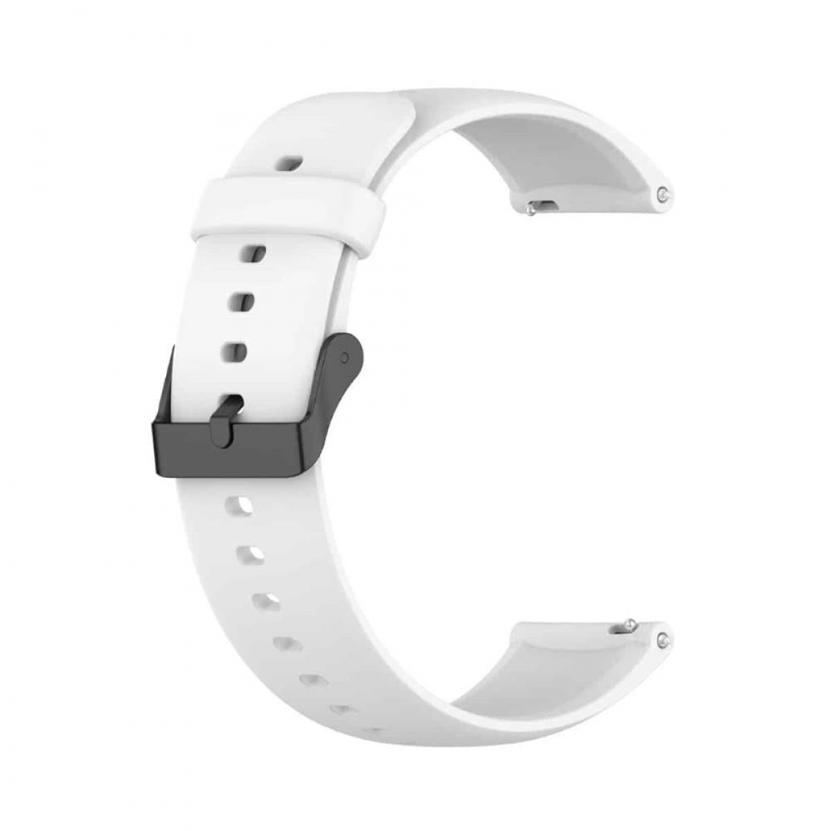 Weißes Uhrenarmband mit schwarzer Schnalle. Das Armband ist gebogen.
