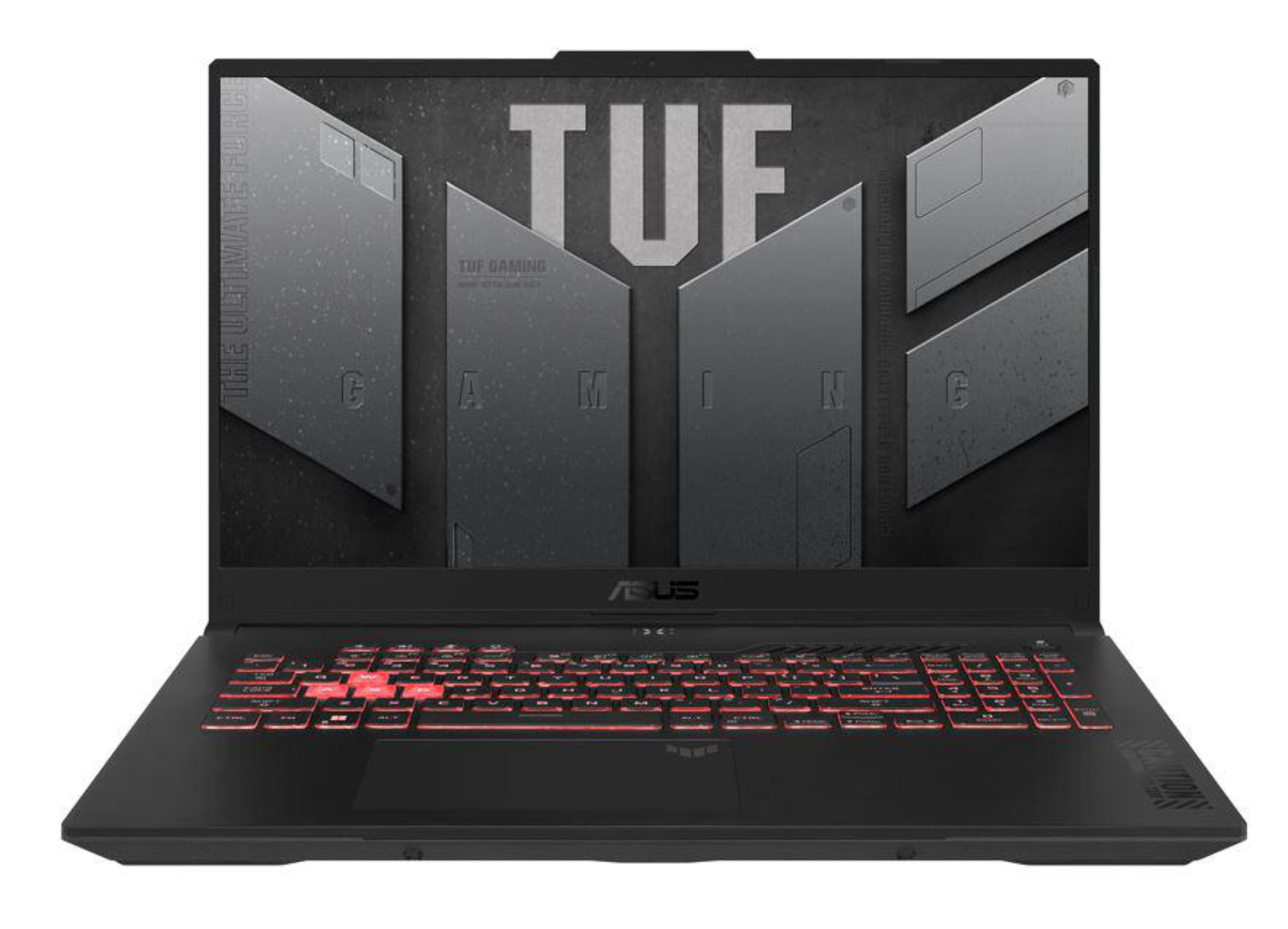 Ein schwarzer ASUS TUF Gaming-Laptop, geöffnet, mit roter Hintergrundbeleuchtung und großem Bildschirm.
