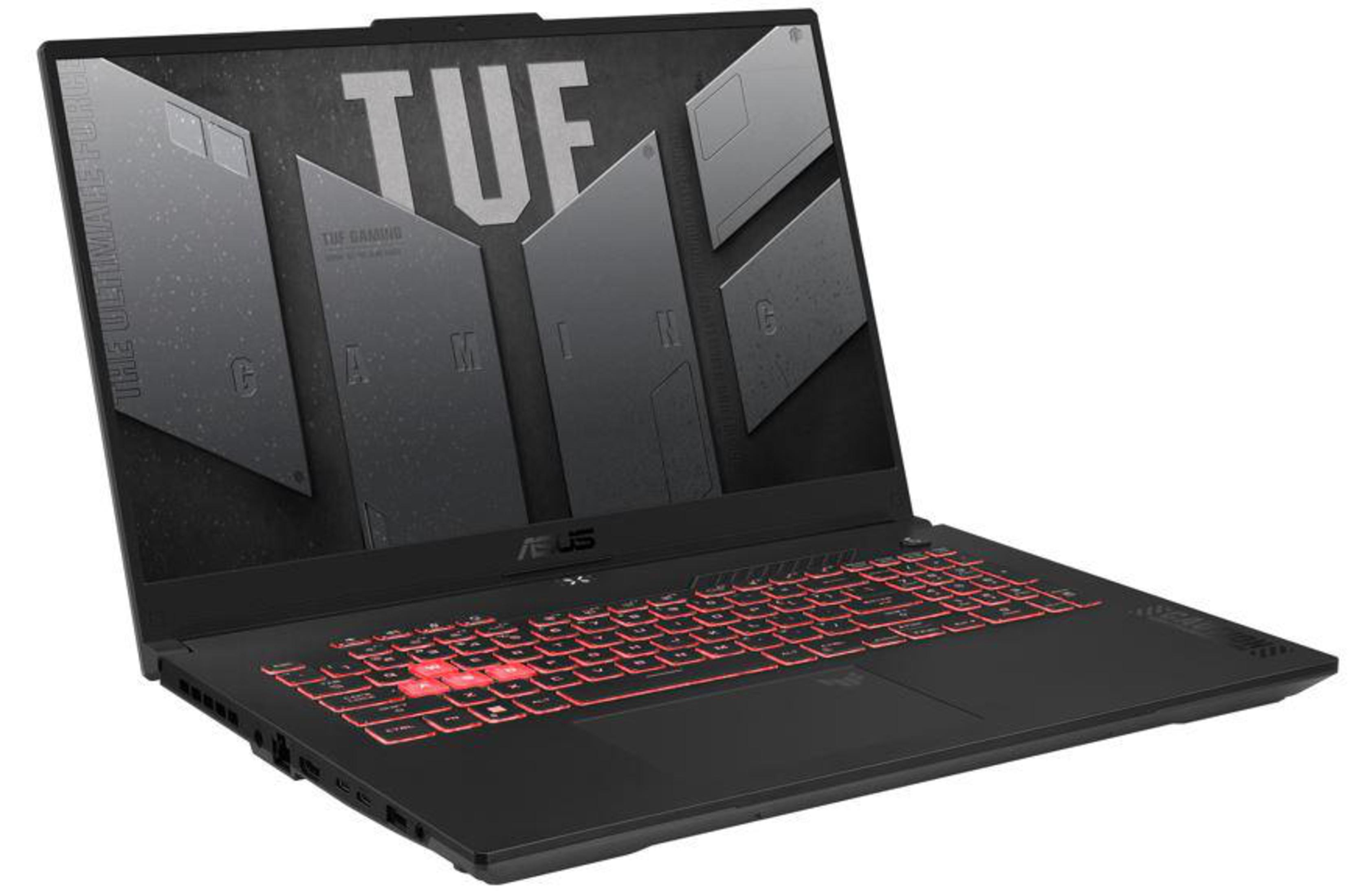 Ein schwarzer Laptop mit roter Hintergrundbeleuchtung. Der Bildschirm zeigt ein TUF Gaming Logo.