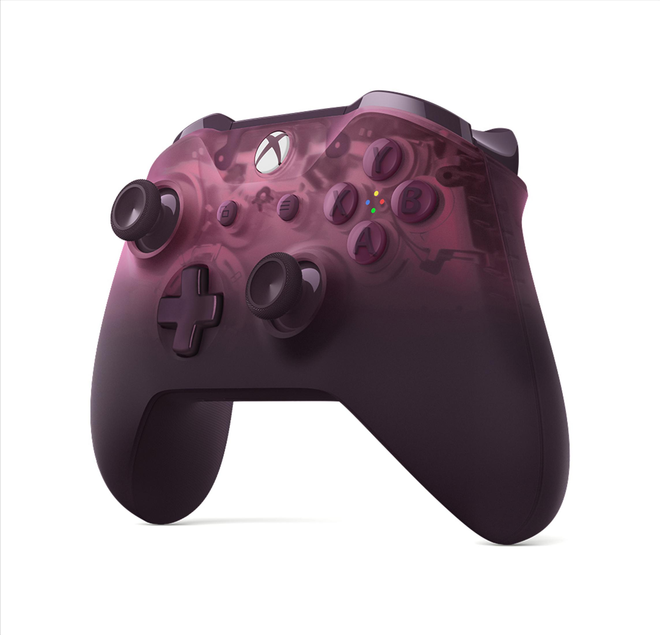 Lila Xbox-Controller mit Tasten und Joysticks auf weißem Hintergrund.