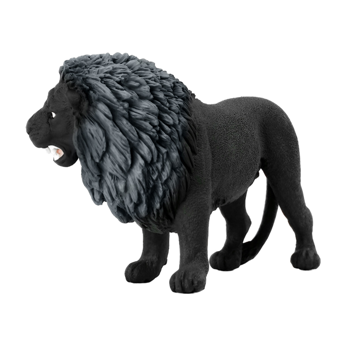 Statuetta di leone nero con criniera grigia. Sfondo bianco.