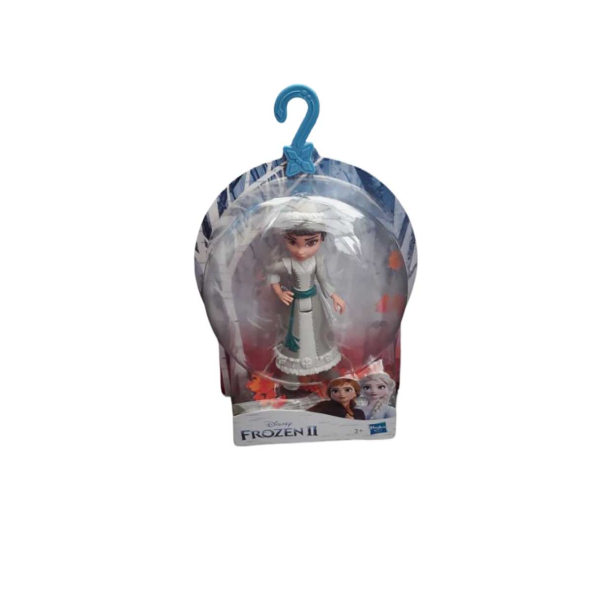 Una bambola Frozen II in una custodia di plastica con un gancio blu.