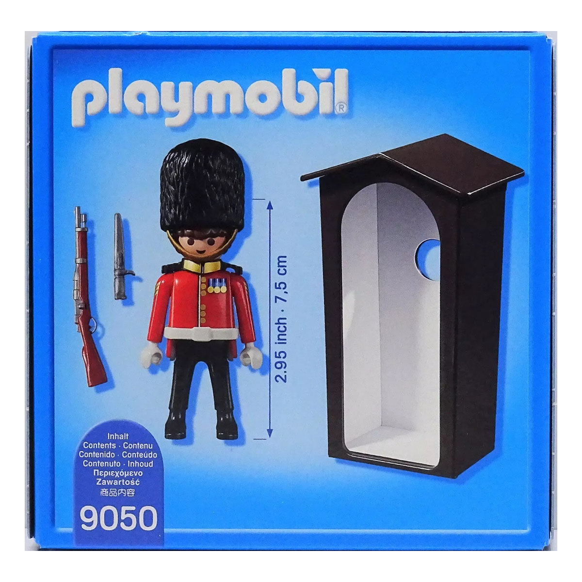 Set scatola Playmobil con un soldatino giocattolo e una guardiola. Sfondo blu.