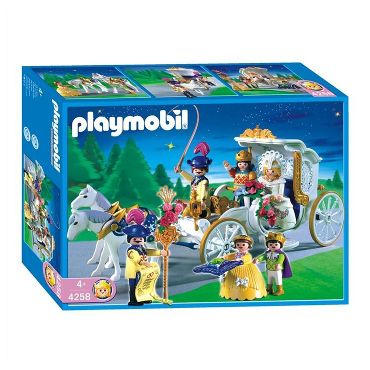 Playmobil-Hochzeitsset-Box mit Figuren, Kutsche, Pferden und Zubehör. Blaue und weiße Farben.