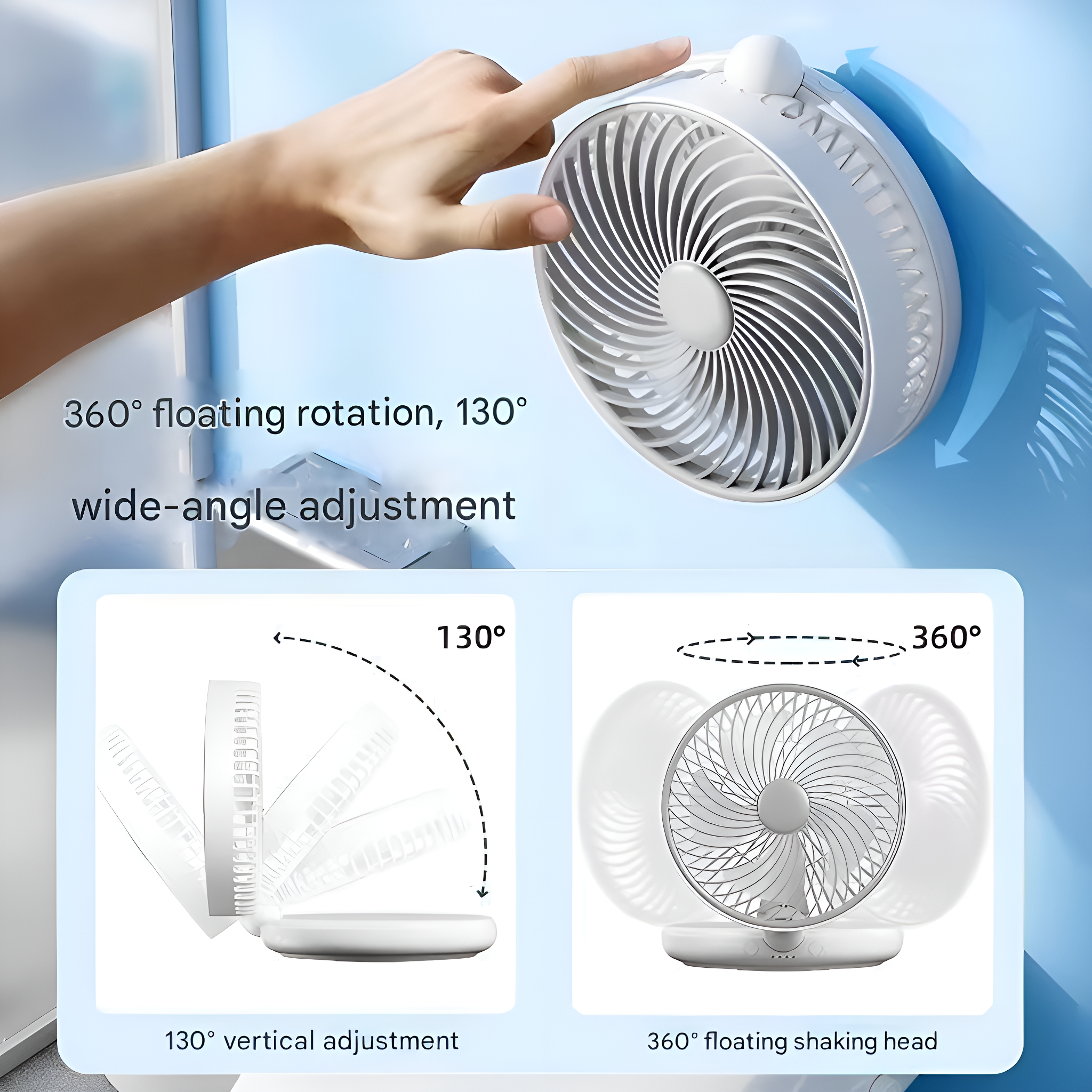 Weißer Ventilator an der Wand. Er zeigt 360-Grad-Drehung und 130-Grad-Winkelverstellung.