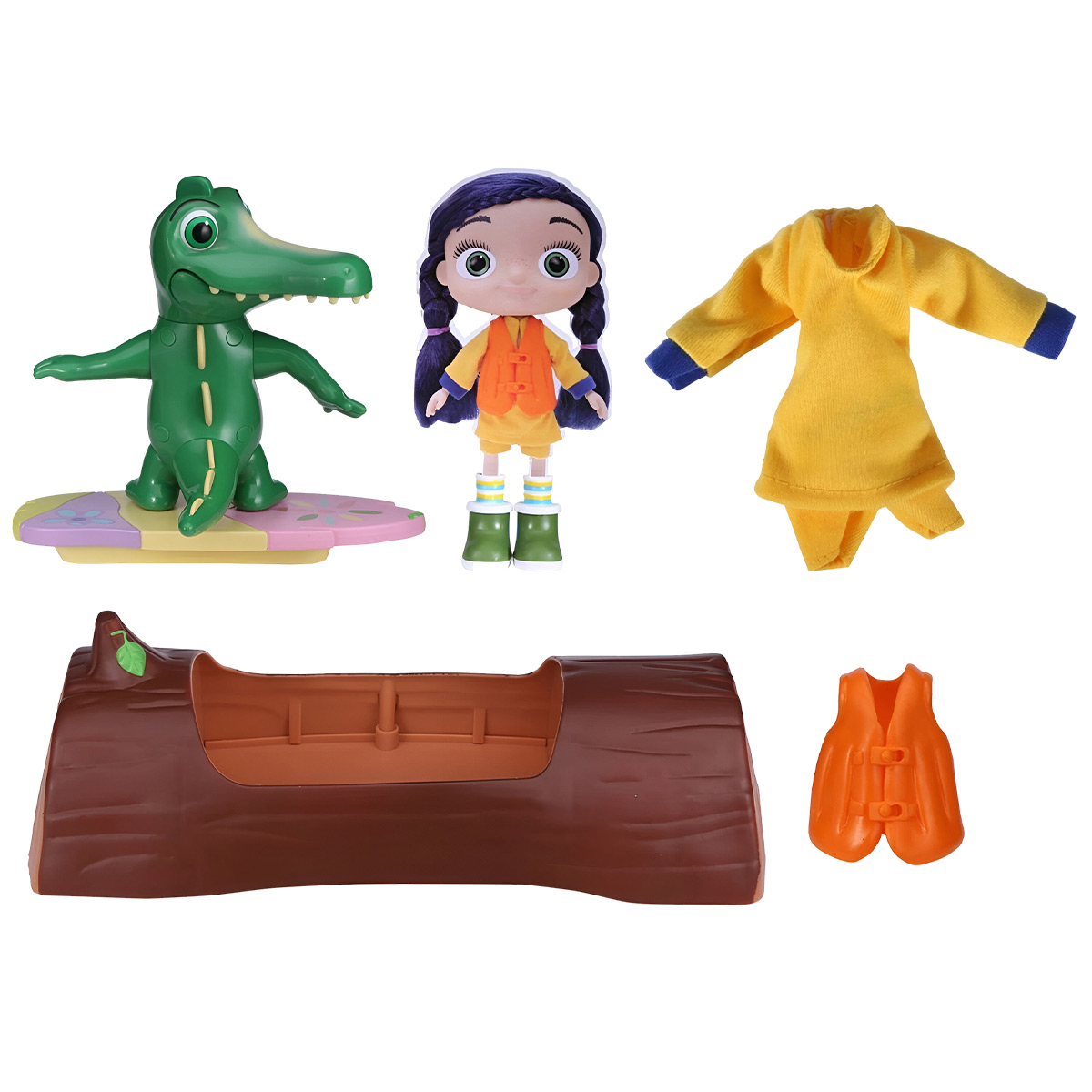 Eine Puppe mit Zubehör, darunter ein Krokodil, Kleidung und ein Baumstamm. Alles Spielzeug.