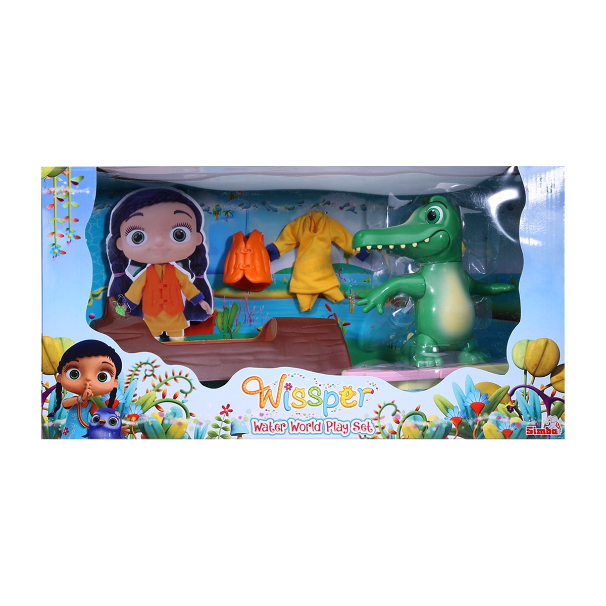 Ein Spielzeugset in der Box mit Puppe, Alligator, Boot und Kleidung.