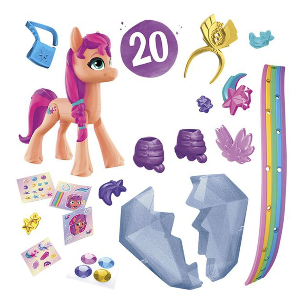 Giocattolo My Little Pony con accessori, tra cui gemme e adesivi.