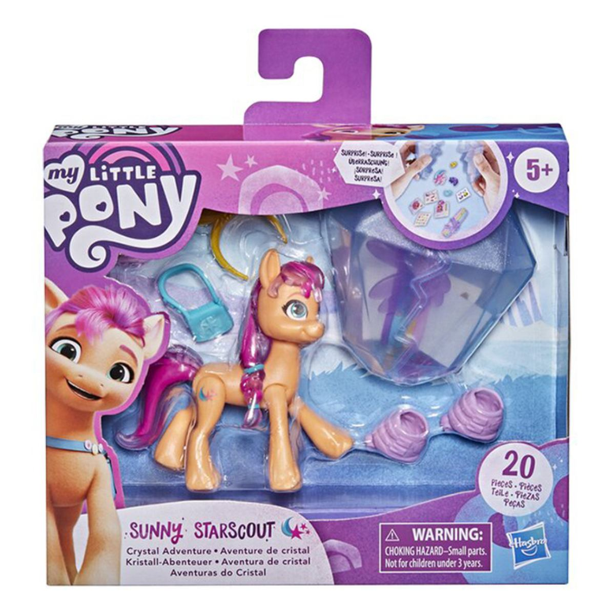 Un set di giocattoli My Little Pony in una scatola, che mostra un pony, accessori e il logo del marchio.