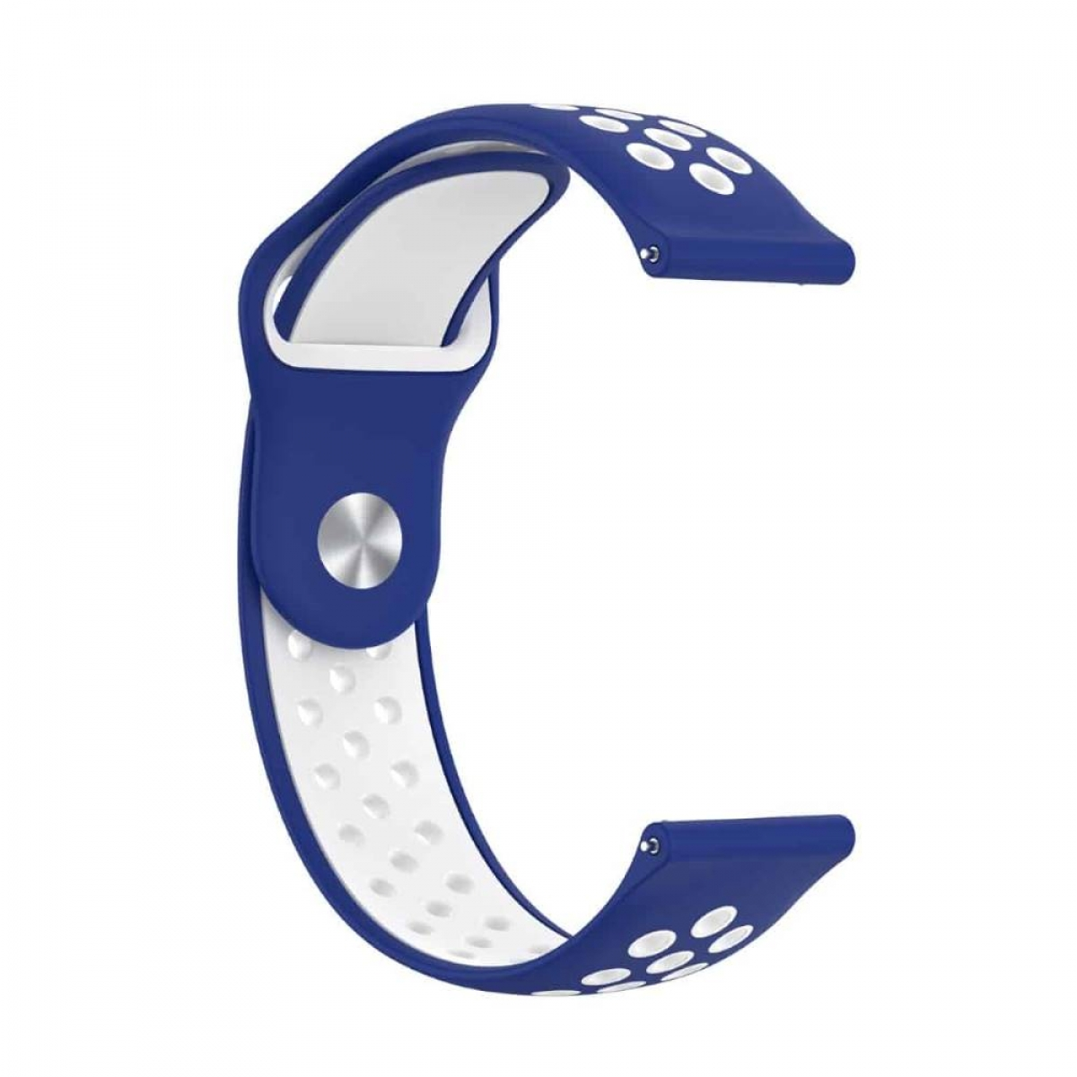 Blaues und weißes Uhrenarmband mit zentralem Knopf. Weißer Hintergrund.