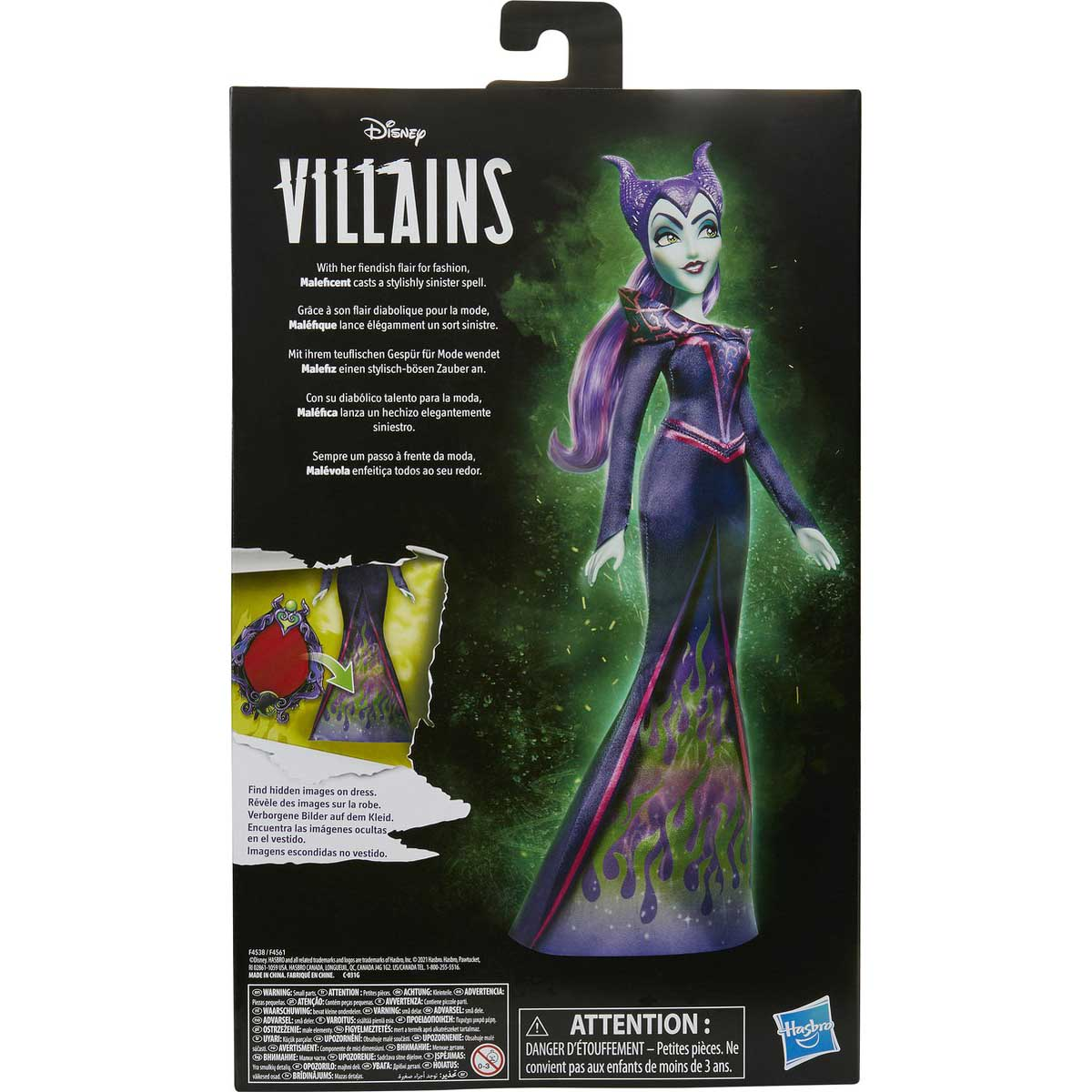 Tył pudełka z lalką Maleficent z serii Disney Villains, z lalką i tekstem w kilku językach.