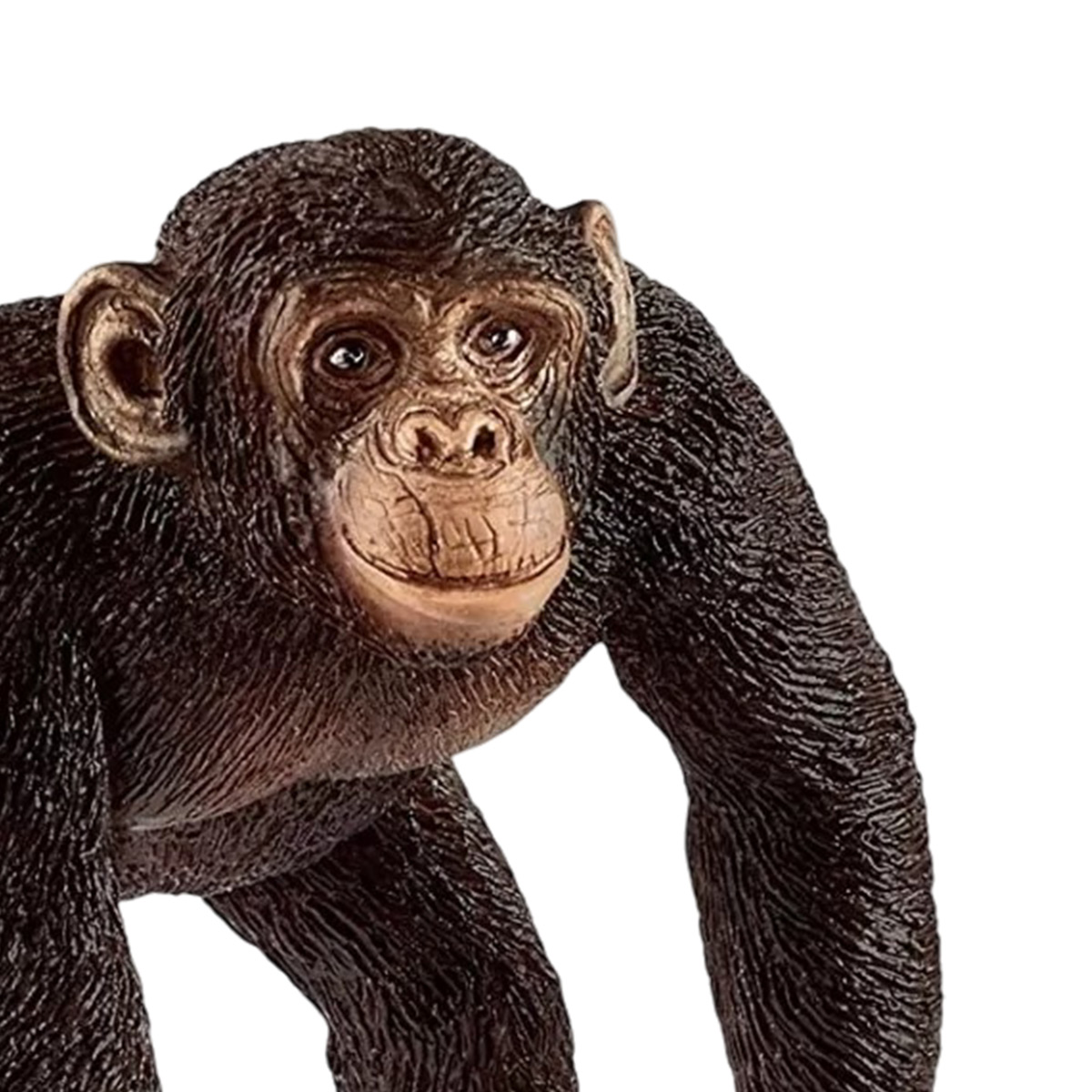 Eine Schimpansenfigur, schwarz mit detailliertem Fell, in stehender Pose mit natürlichem Ausdruck.