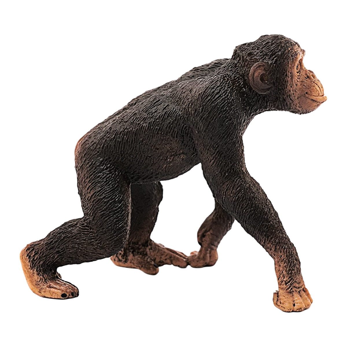 Schimpansen-Figur, braun und beige, im Gehen, auf weißem Hintergrund.