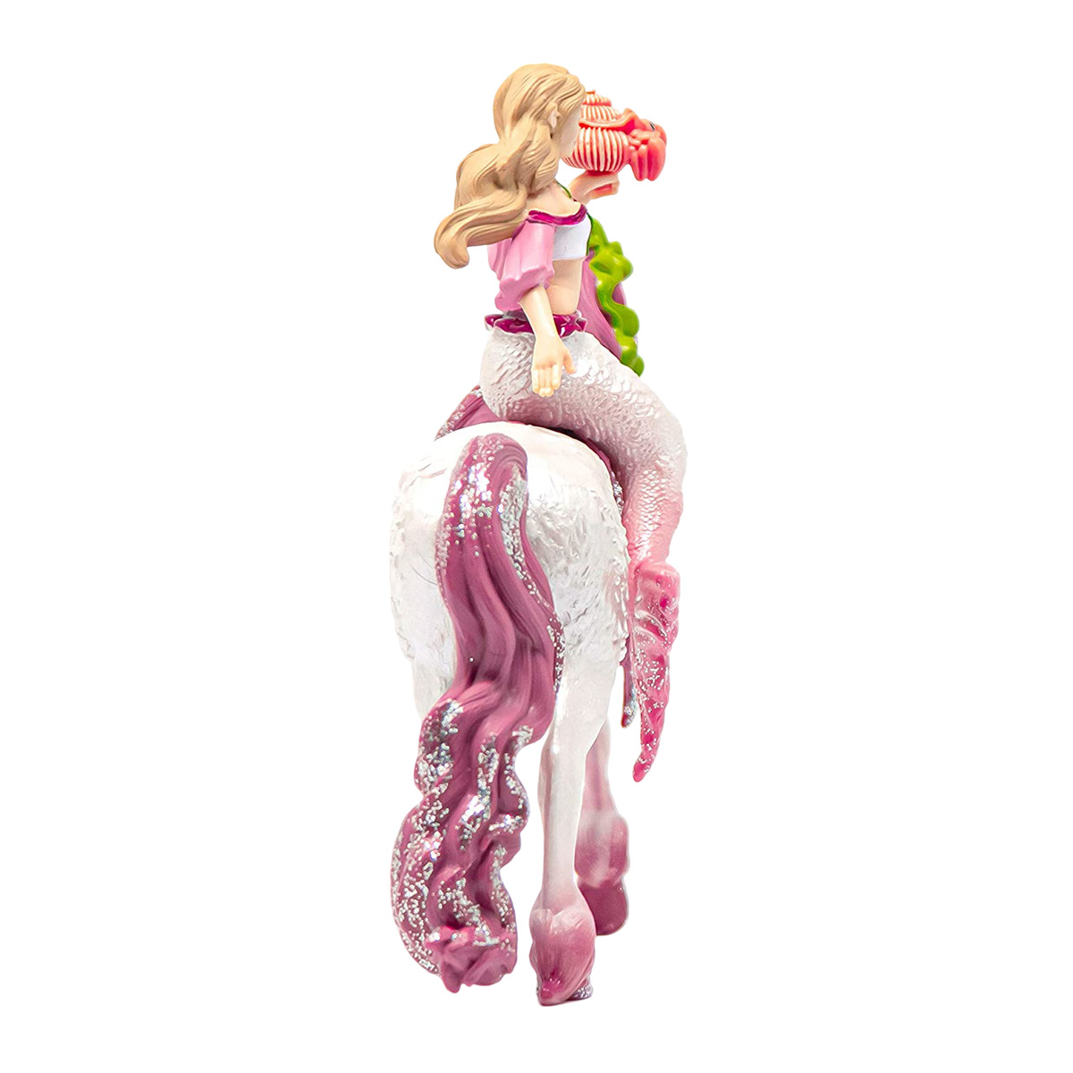 Una sirena che cavalca un cavallo bianco con criniera e coda rosa. La sirena tiene una conchiglia.