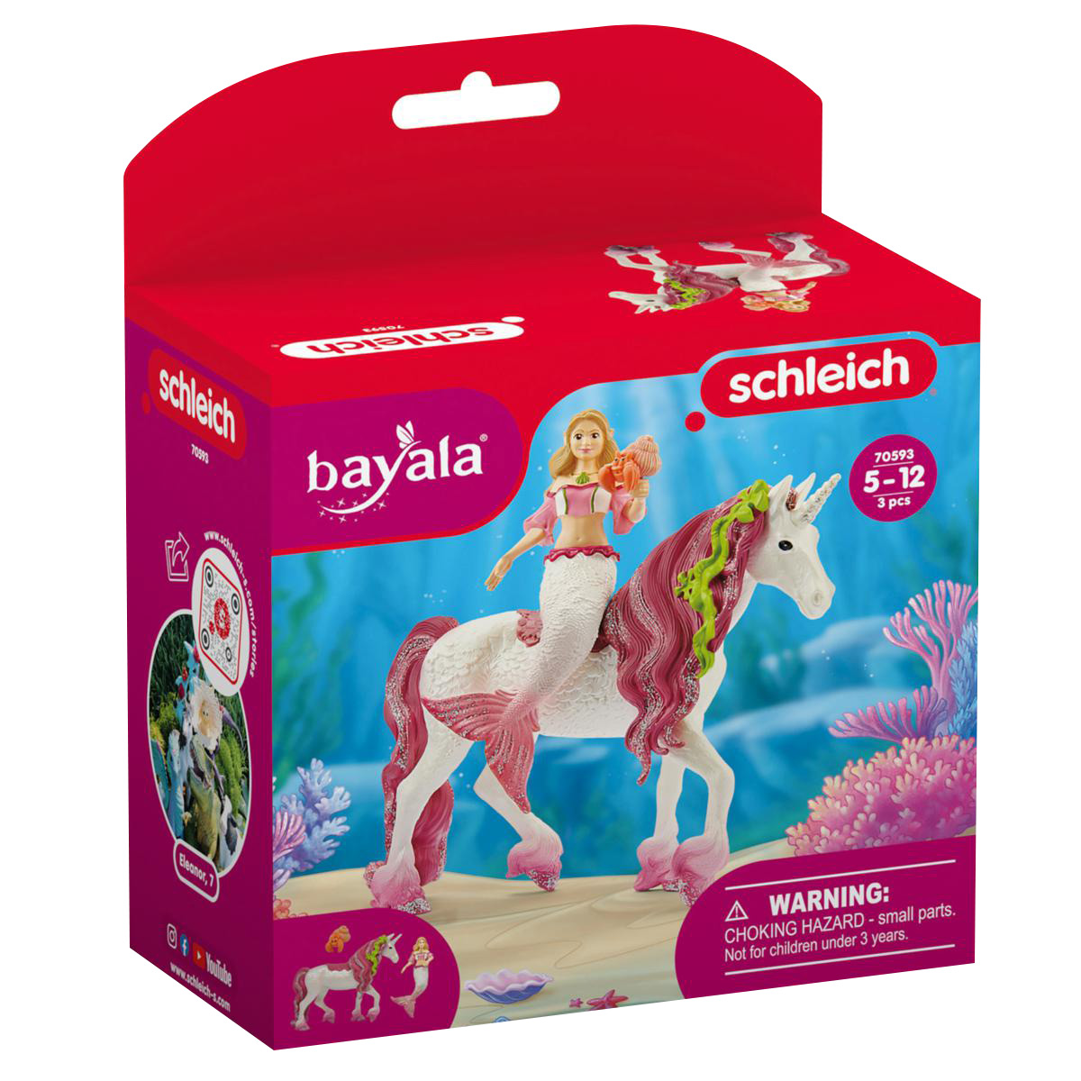 Una scatola di giocattoli Schleich con una sirena che cavalca un unicorno e un'etichetta di avvertimento.