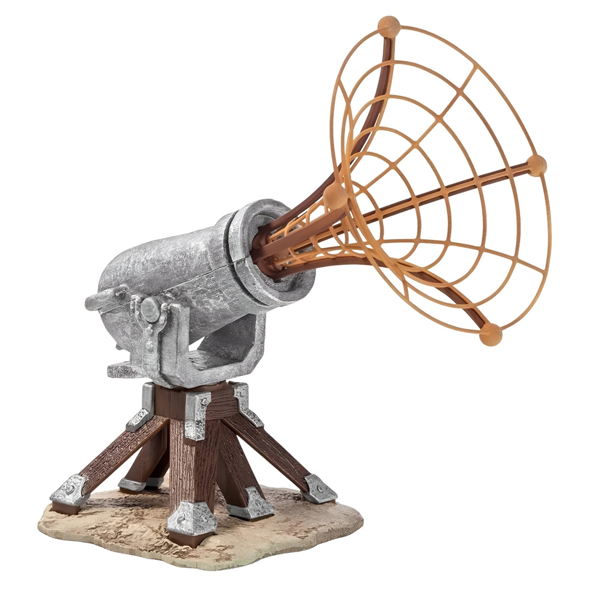 Un modello di un dispositivo radar retrò con un'antenna parabolica su un supporto bianco.