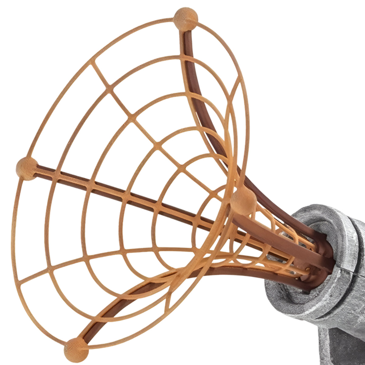 Antenna marrone e beige, design a griglia circolare, con base in metallo e grigia.