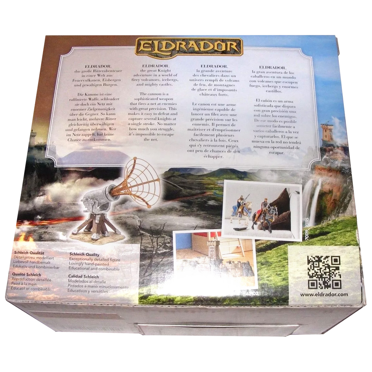 Il retro di una scatola di gioco con testo e immagini sul gioco Eldrador, con una scena paesaggistica.